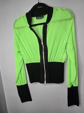 Lip Service Neon Green Mesh Cropped Jacket M Y2K Rave Clubwear Zip Up Black
